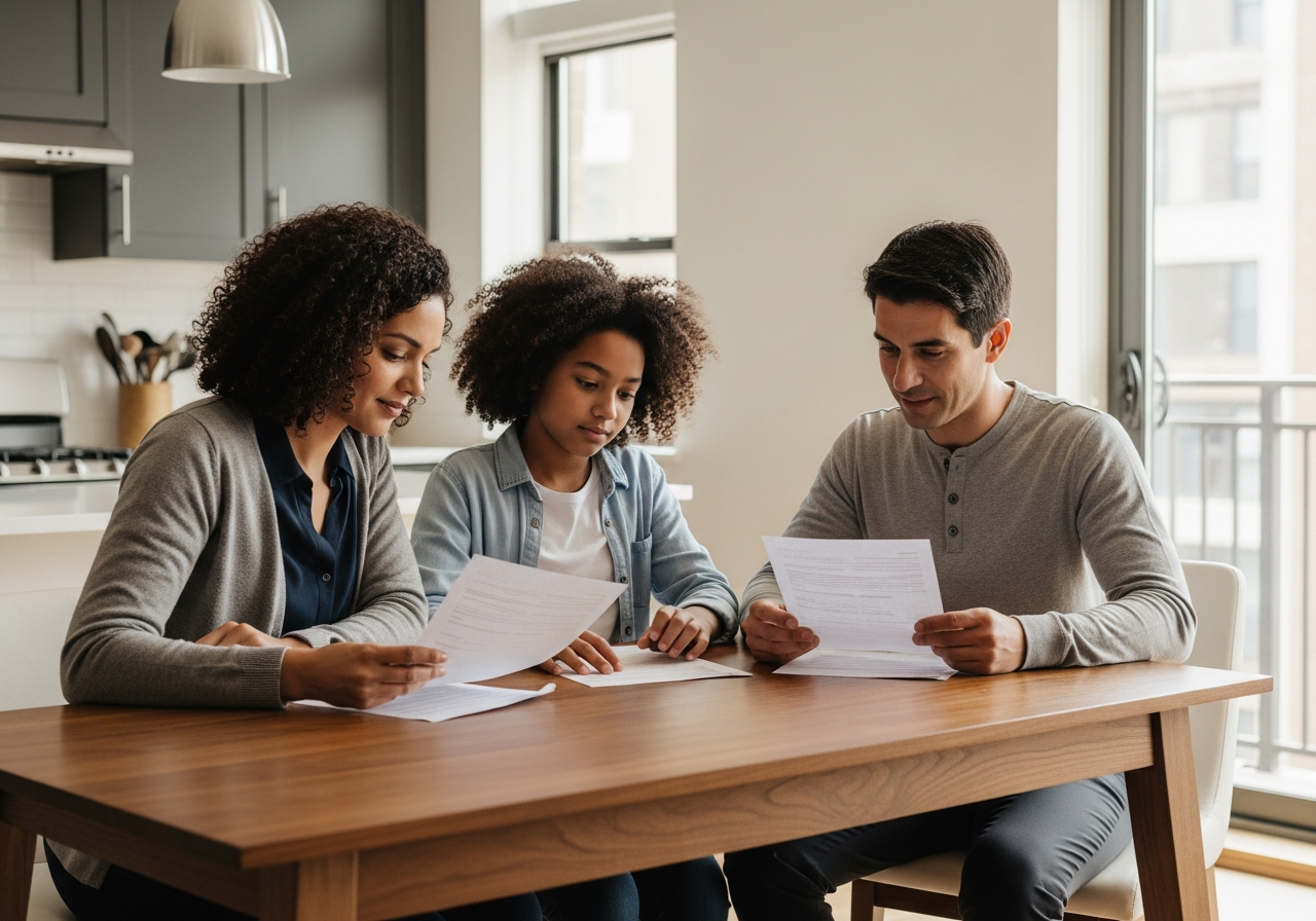Diverse family reviewing immigration documents at a kitchen table in a Chicago home