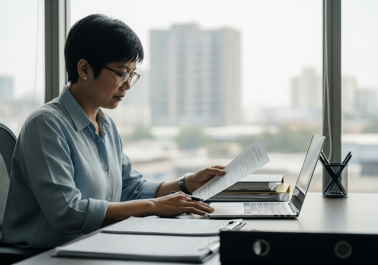Person preparing documents at a desk near a bright window overlooking a city skyline