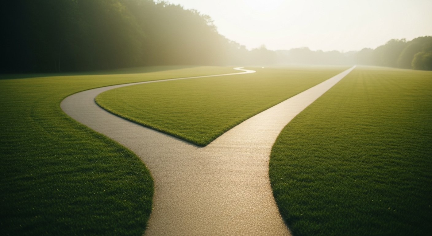 Two paths diverging through a calm, sunlit landscape representing two immigration options
