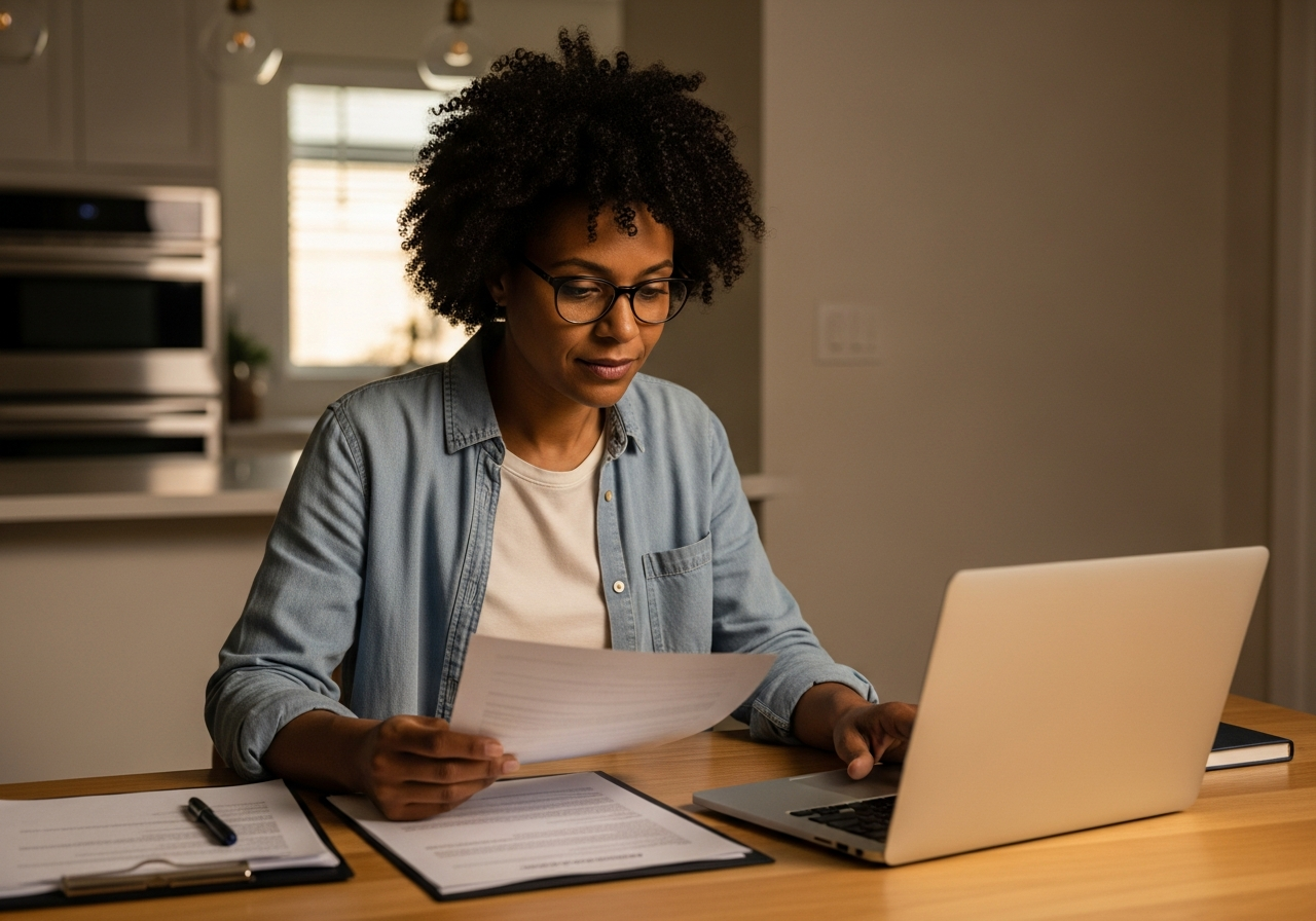 Person reviewing immigration paperwork at a kitchen table with a laptop open to an official government website