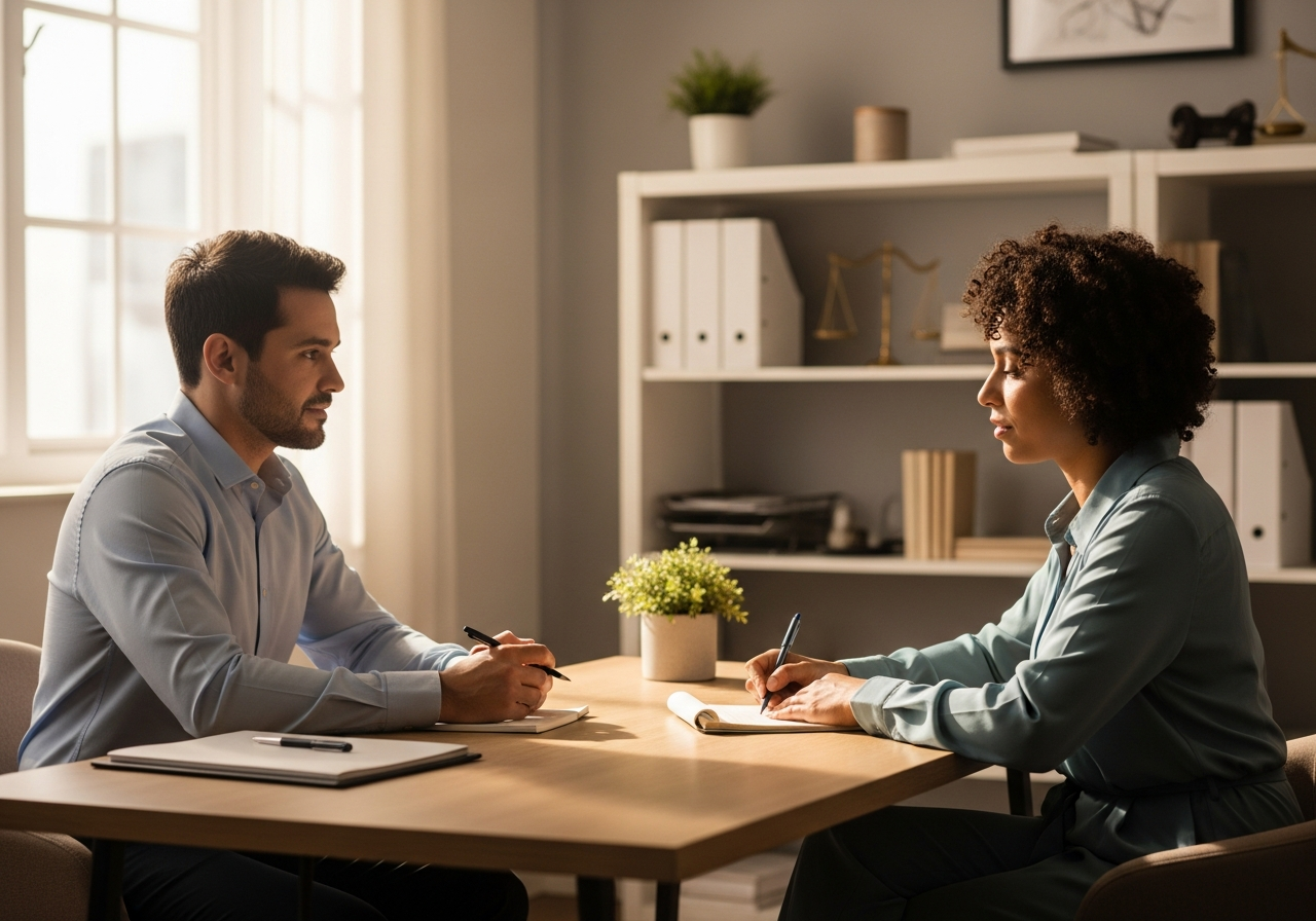 Two people in consultation across a desk, one taking notes, in a professional office setting