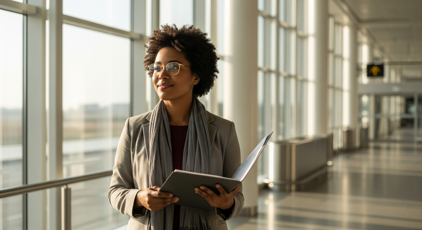 Person holding a travel document at an airport departure gate, looking calm and hopeful