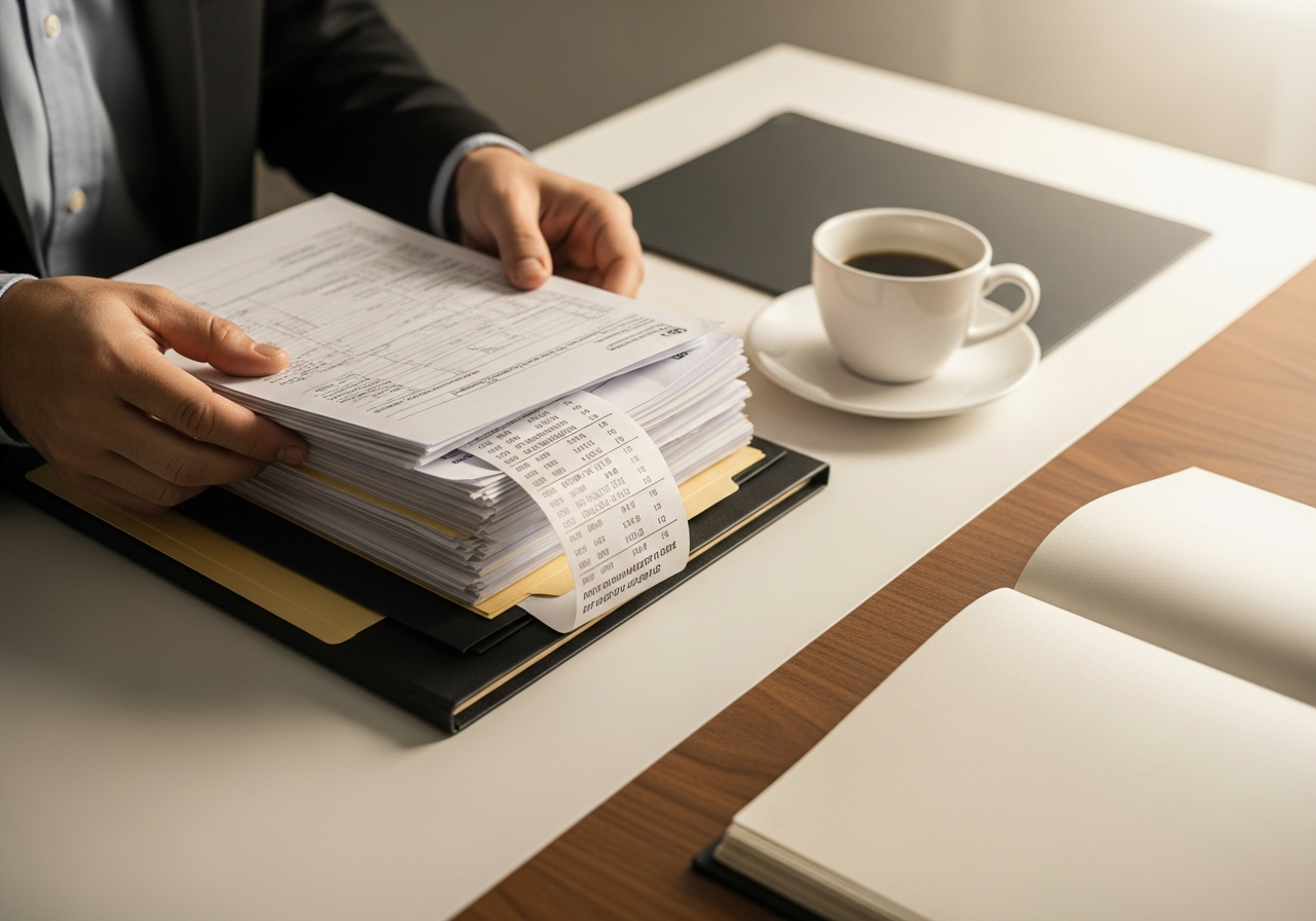 Person organizing financial documents and tax forms on a desk