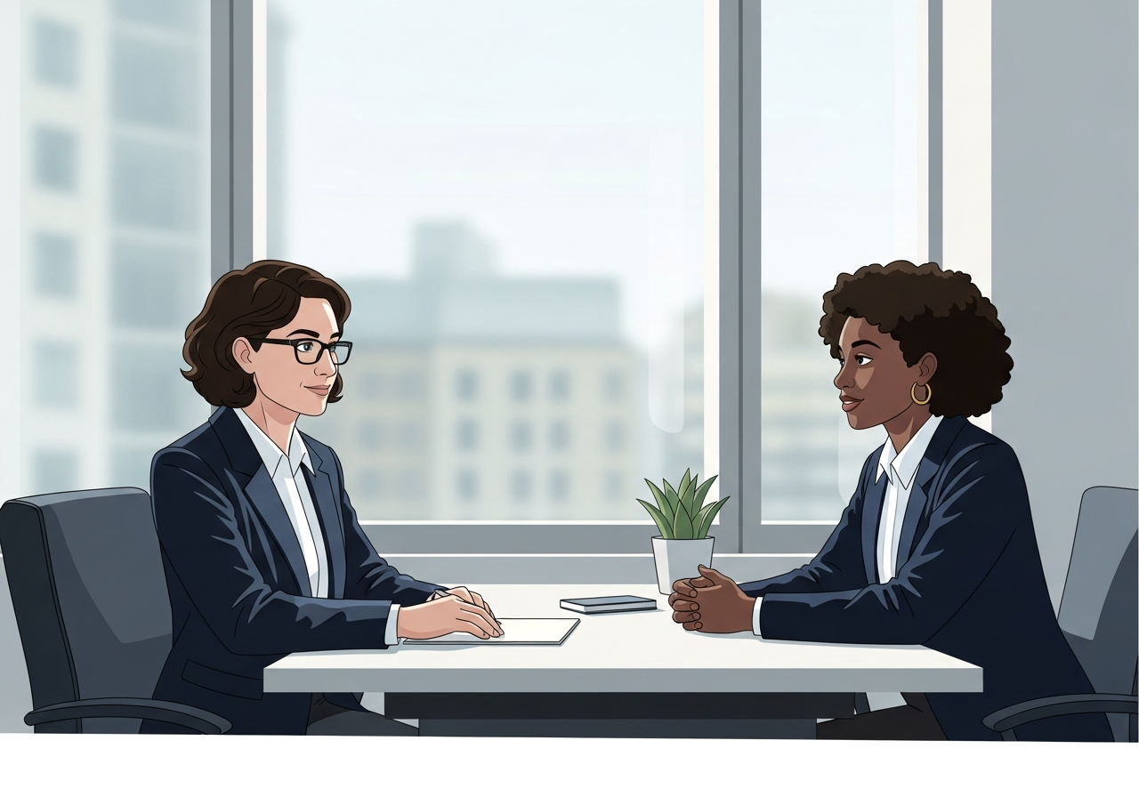 Two people sitting across a desk in a professional consultation setting