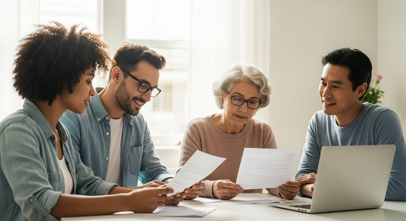 Family members reviewing financial documents together at a kitchen table