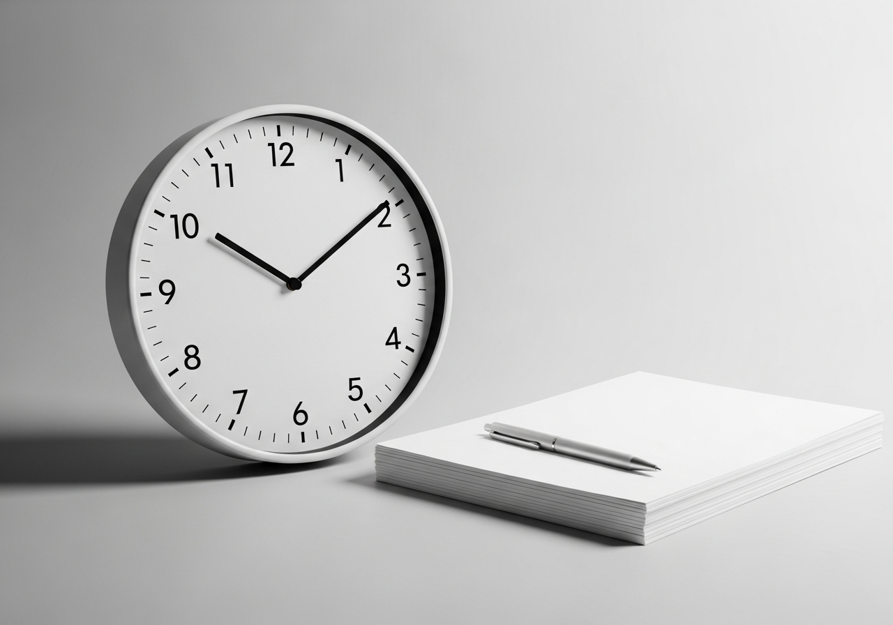 Close-up of a wall clock beside stacked paperwork representing a waiting period timeline