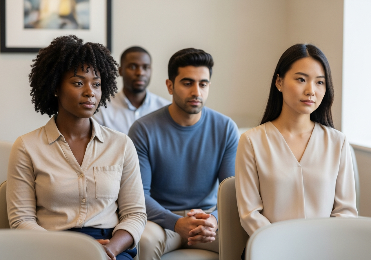 Diverse group of people in a waiting area representing immigrants at an immigration office