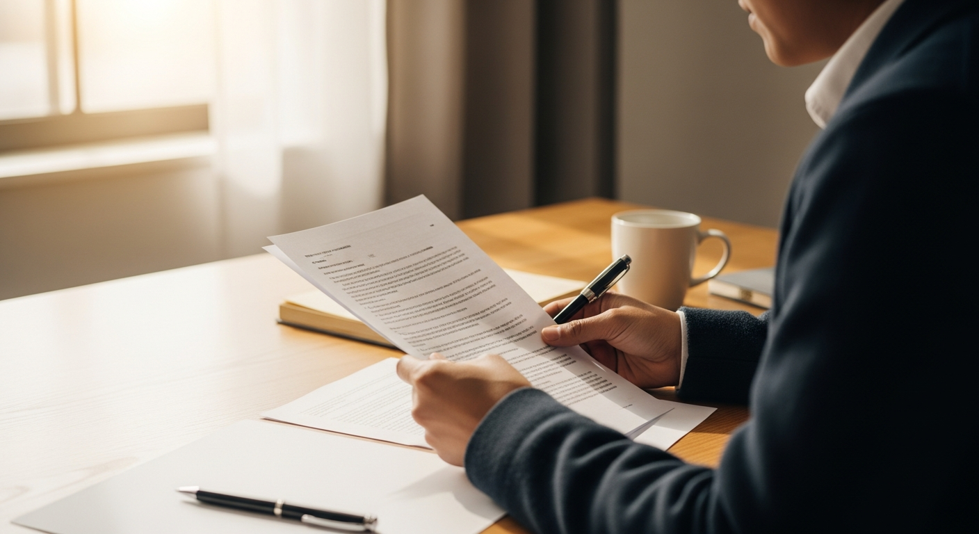 Person reviewing immigration documents at a desk with natural light coming through a window