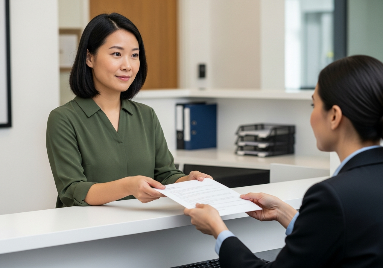 Person submitting paperwork at an immigration services counter