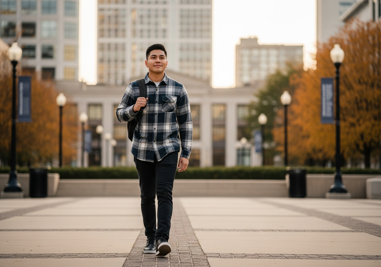 International student walking across a college campus in Chicago