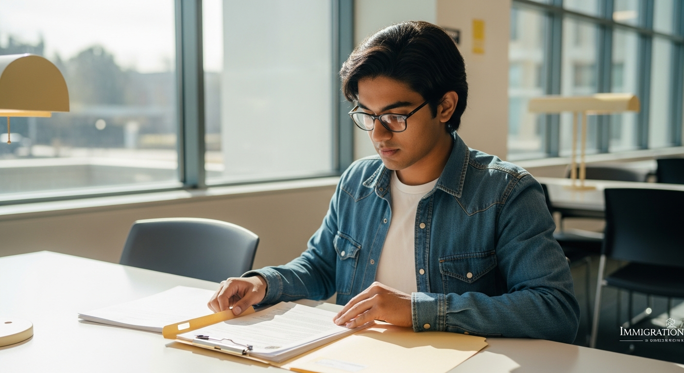 Student reviewing immigration documents at a university library desk