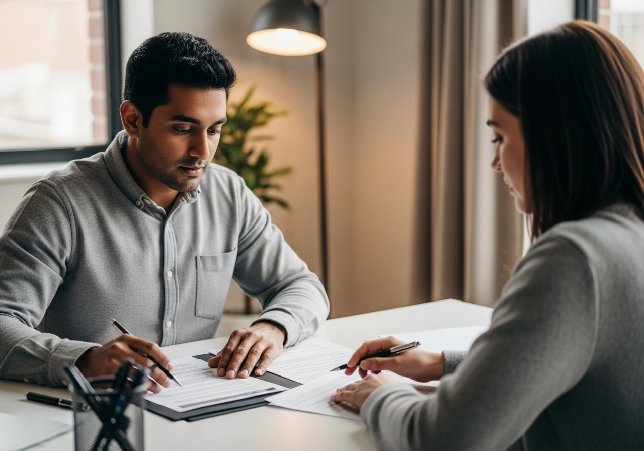Person consulting with an advisor at a table, reviewing documents together in a professional office setting