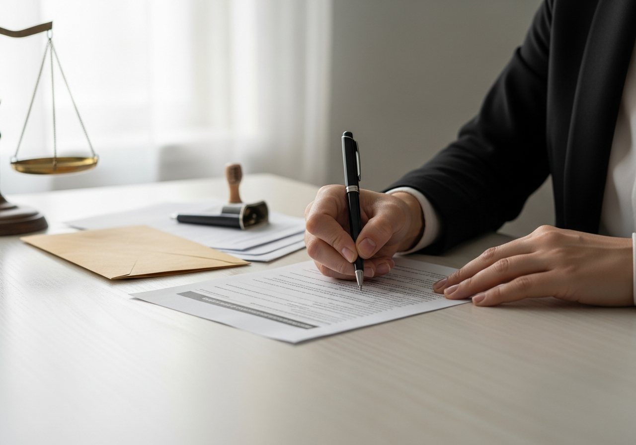 Person filling out an official form at a desk with an envelope nearby, organized and focused