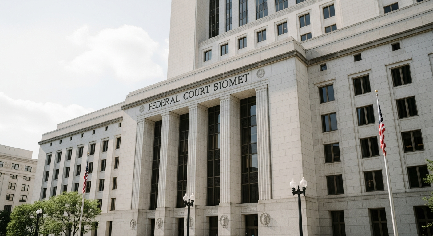 Exterior view of a federal courthouse building in downtown Chicago on a clear day