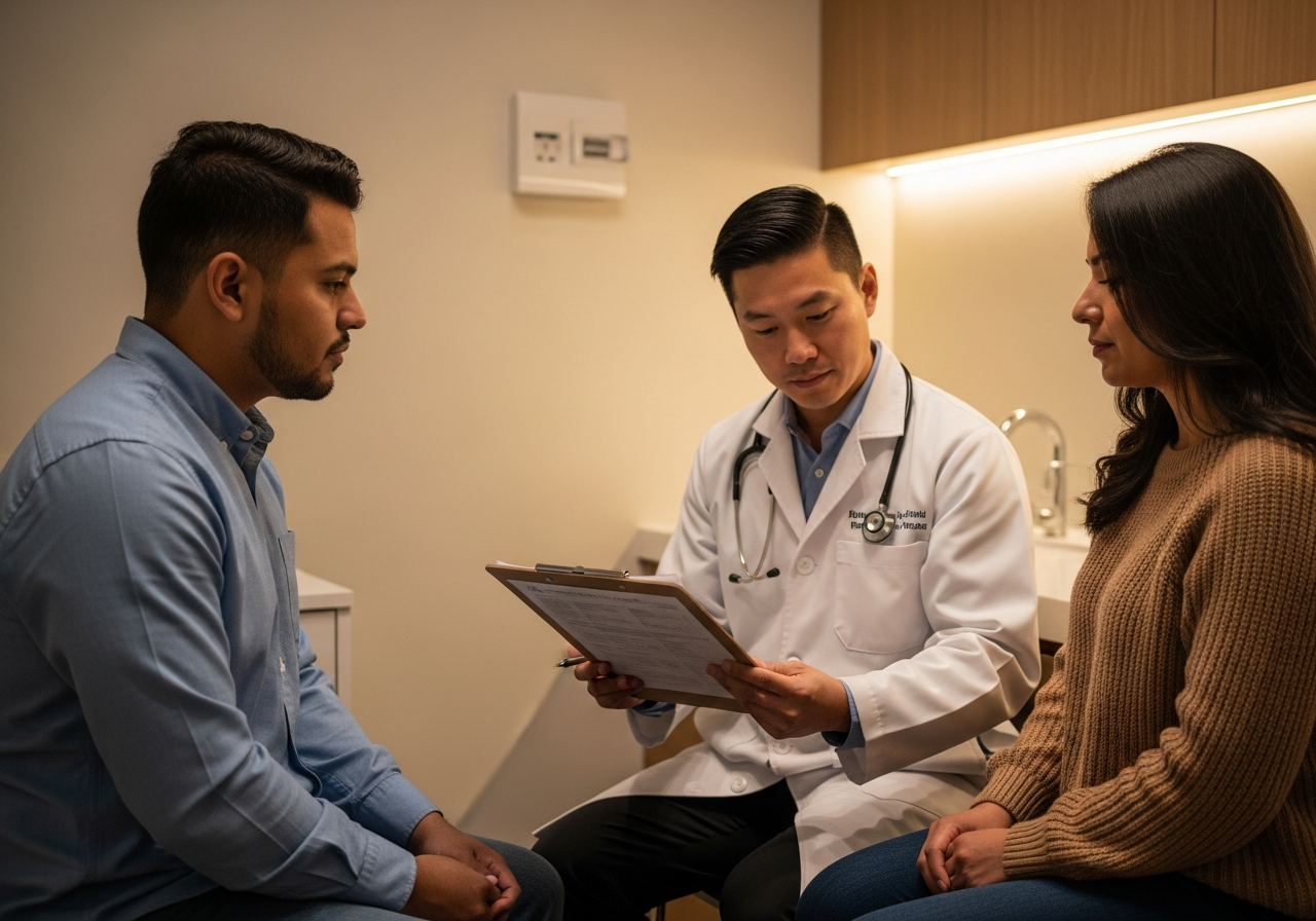 Doctor reviewing vaccination records with a patient during a medical examination