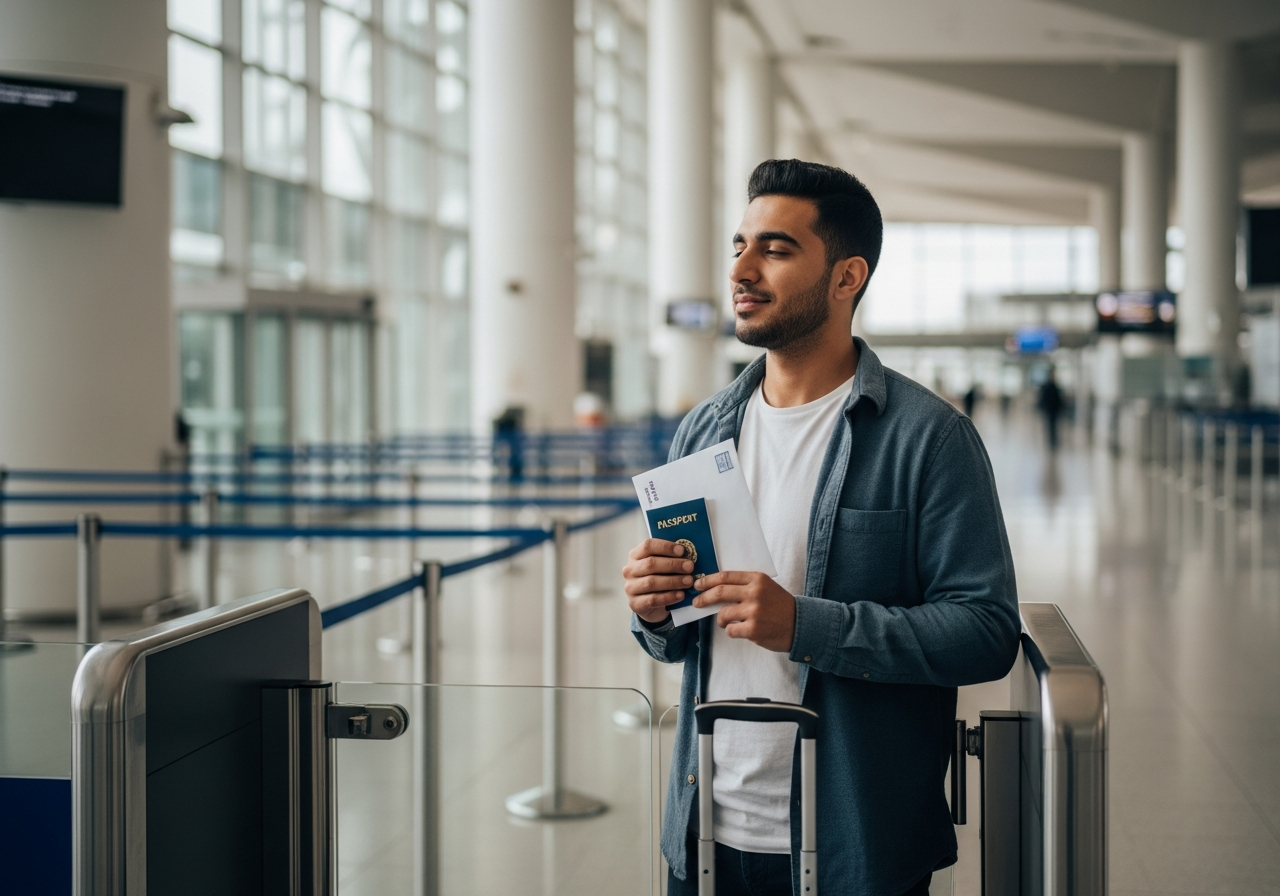 Person arriving at a U.S. port of entry holding a sealed envelope and travel documents