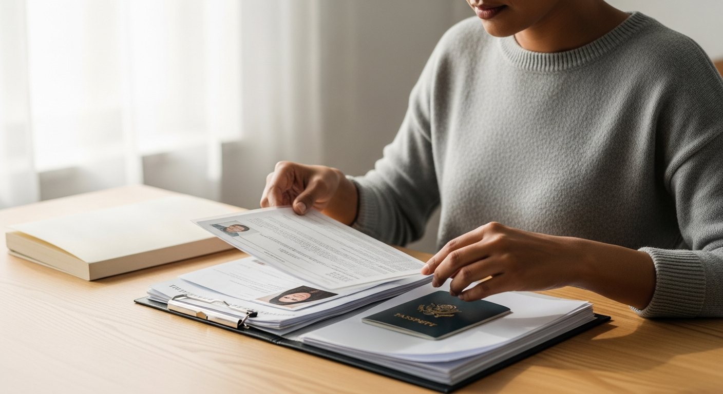Person organized documents and photographs at a desk in preparation for a visa interview