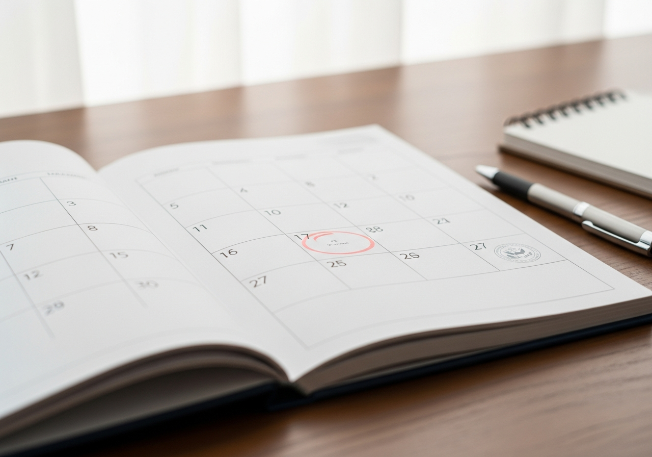 Calendar with a circled date representing an important filing deadline