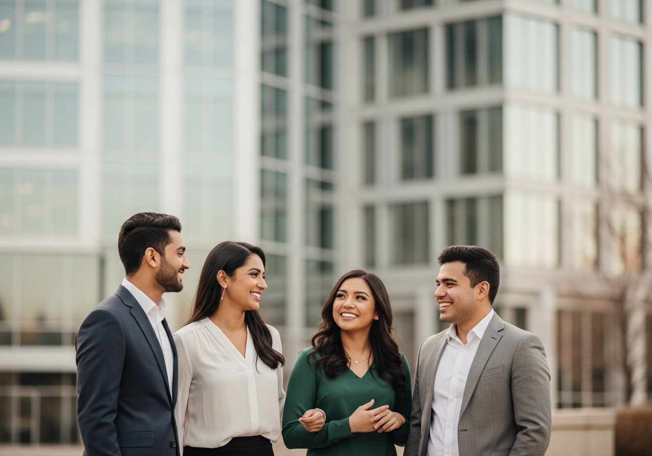 Diverse group of professionals in a Chicago urban setting, confident and optimistic