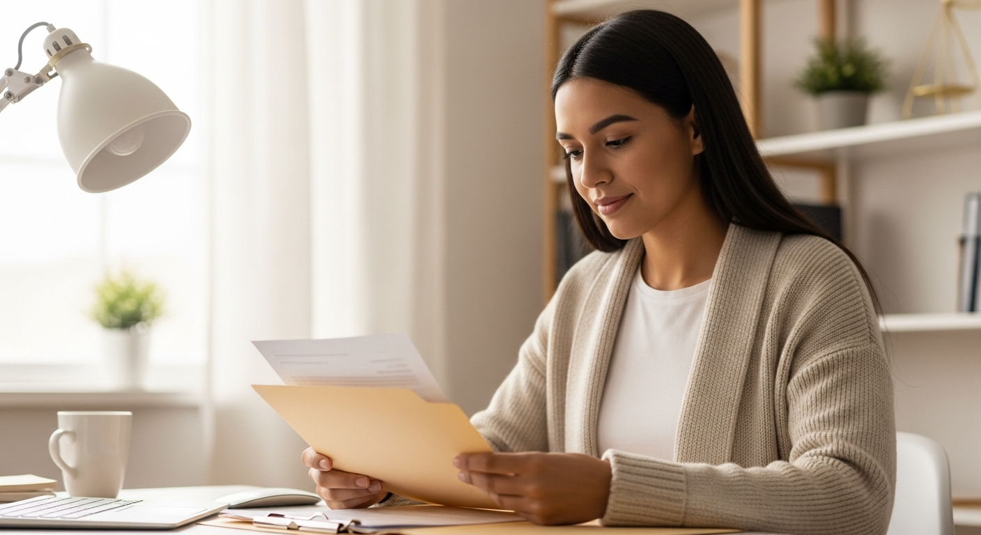 Young professional reviewing immigration paperwork at a bright modern desk