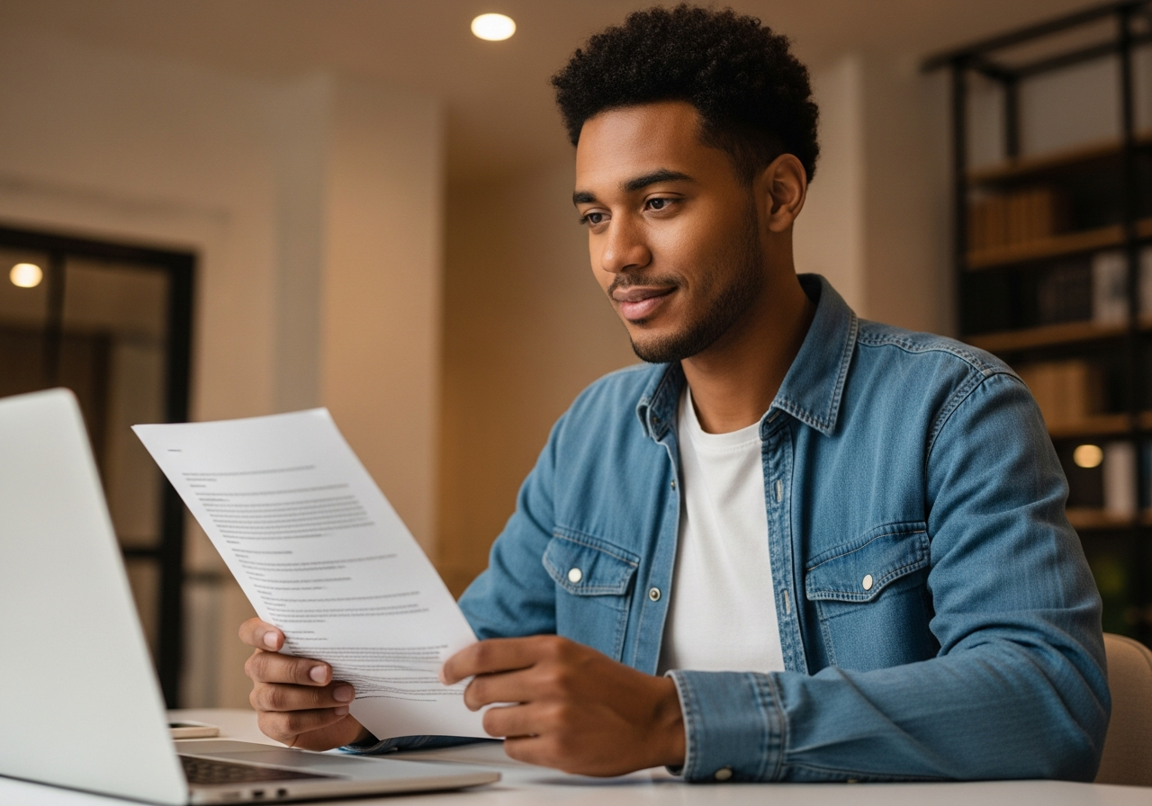 Person holding an official document while looking at a laptop with a calm, focused expression