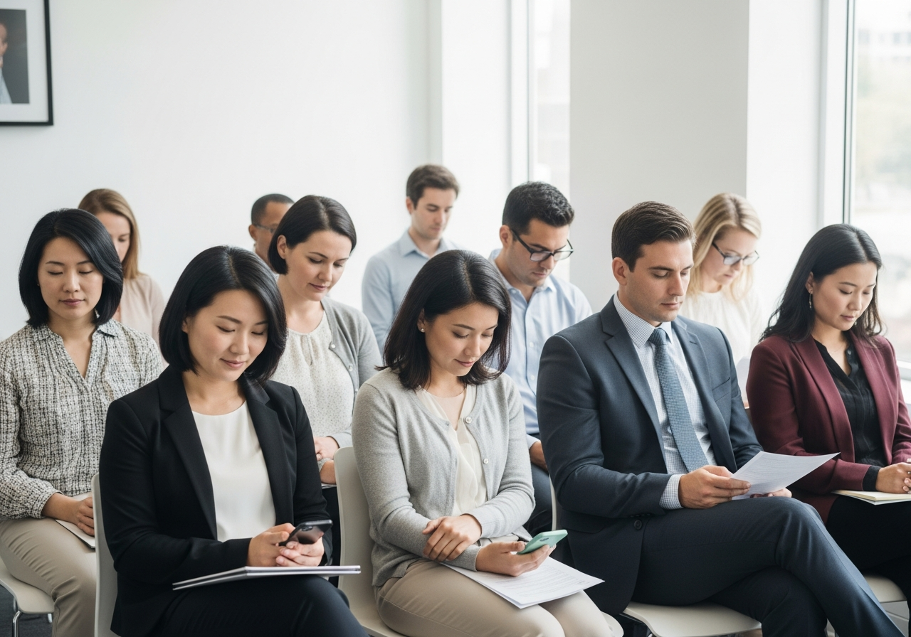 Diverse group of people waiting calmly in a bright government office waiting area