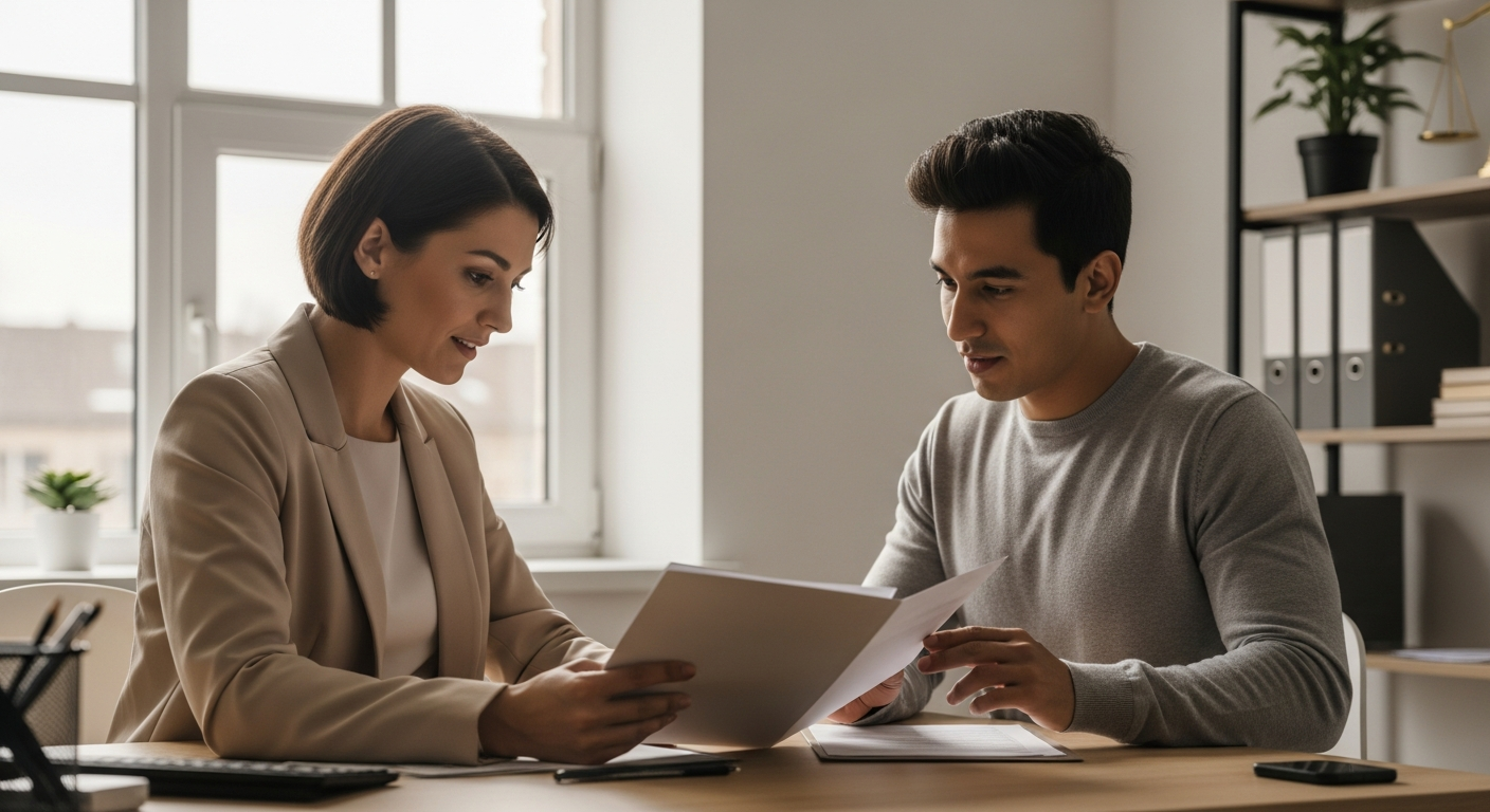 Two people reviewing immigration documents at a desk in a bright, welcoming office