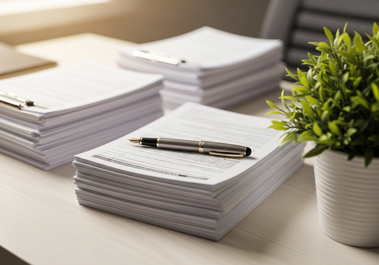 Stacks of financial documents and a pen on a clean desk, representing lawful source-of-funds documentation