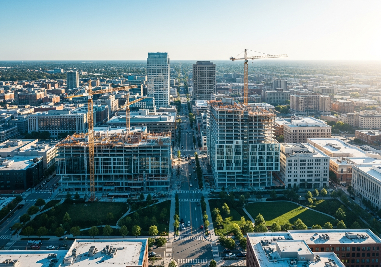 Aerial view of a Chicago urban development project with construction and green spaces