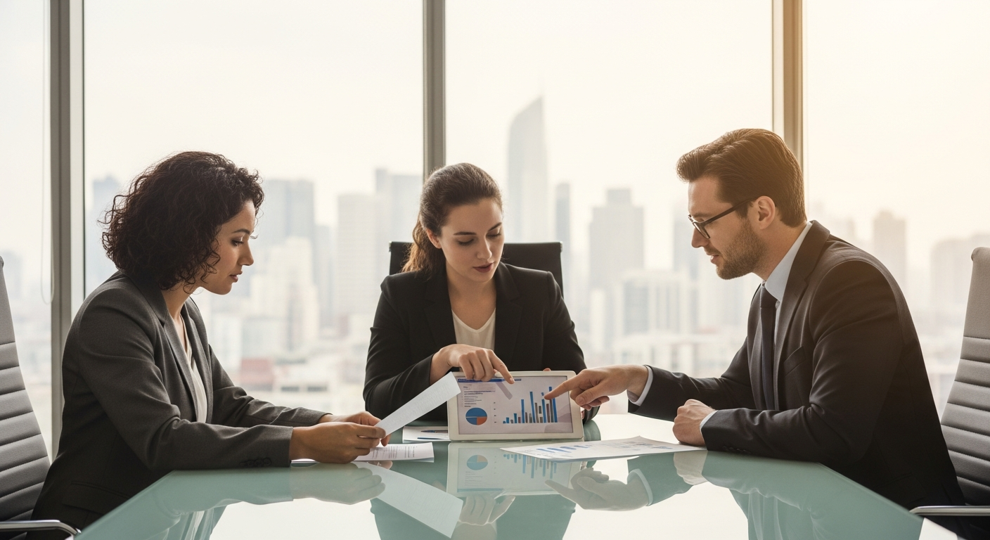 Diverse professionals reviewing investment documents in a bright modern office
