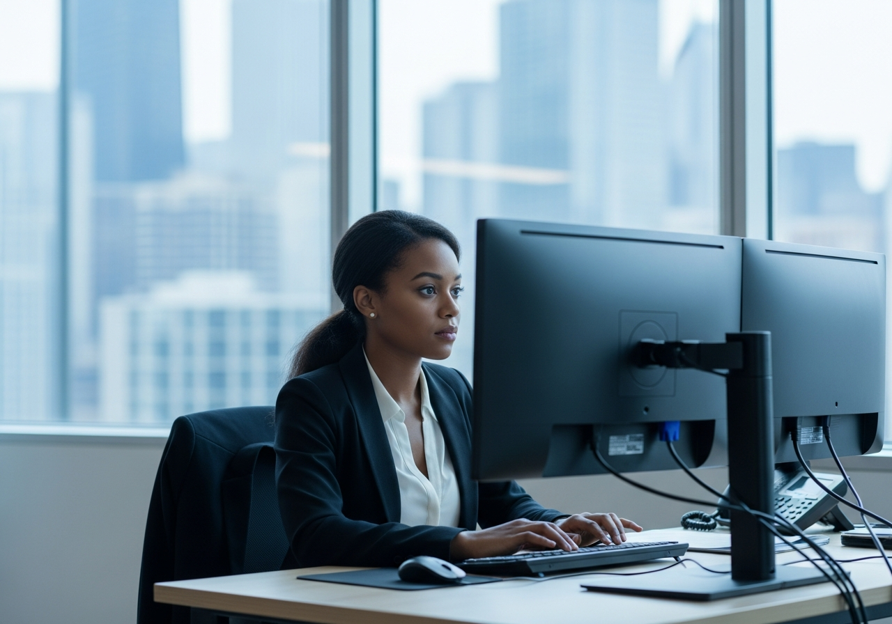 STEM professional working at a computer in a modern Chicago office