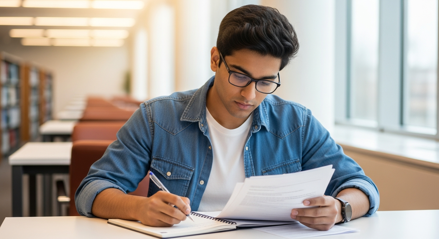 F-1 student reviewing documents at a university library desk