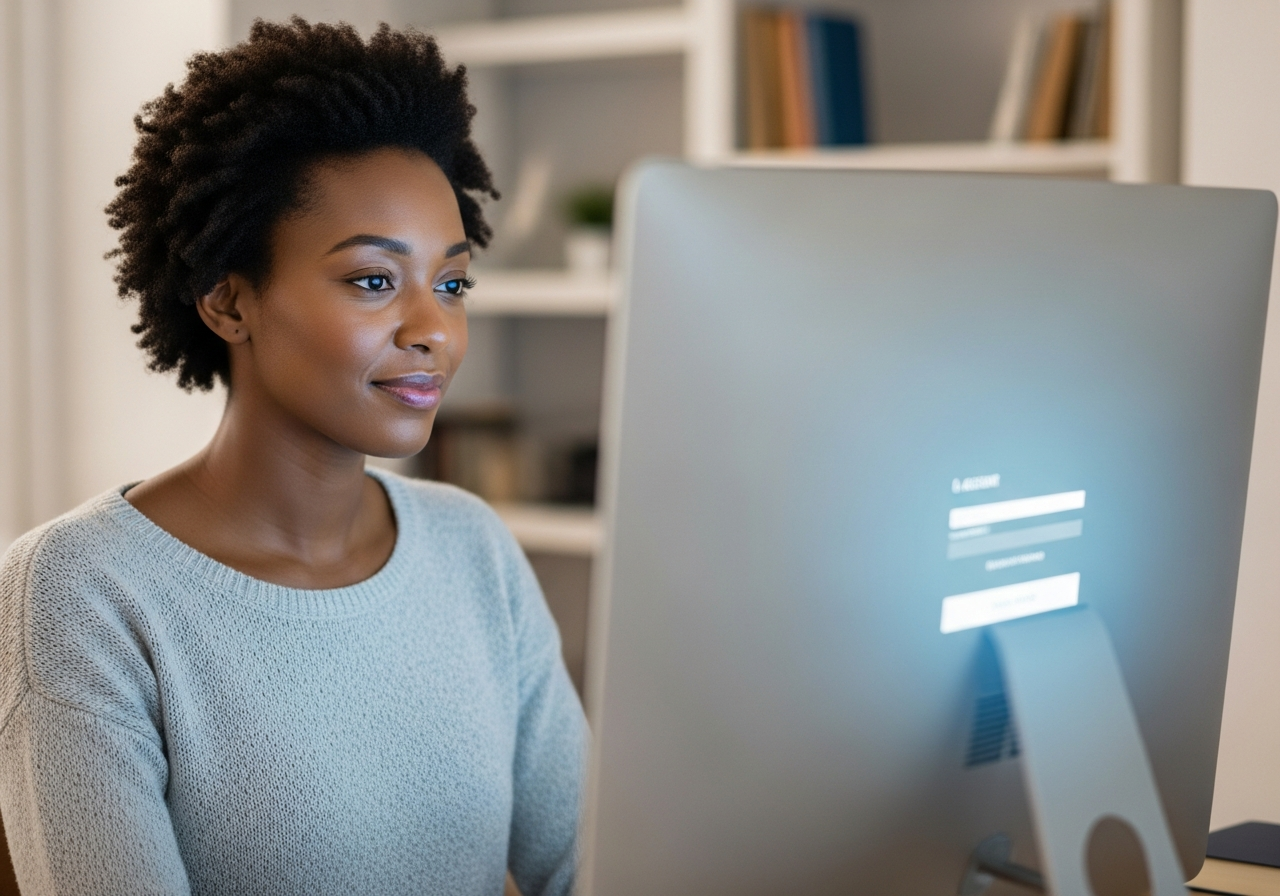 Person setting up a secure online account on a desktop computer