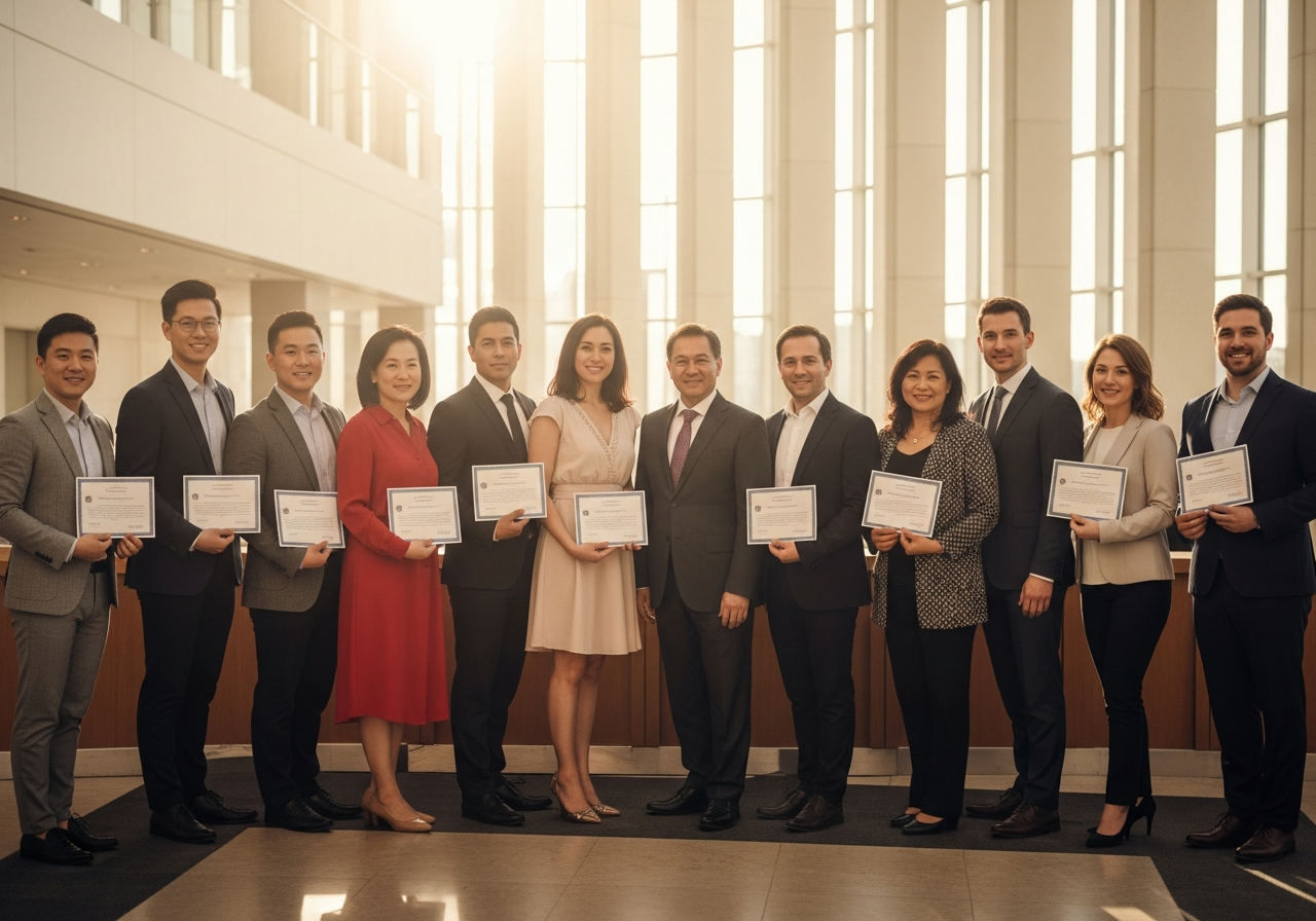 Diverse group of new citizens at an Oath of Allegiance ceremony in a courthouse hall
