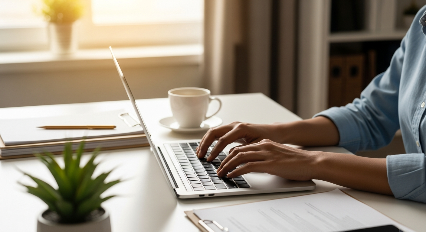 Person completing an immigration application on a laptop at a bright, organized home desk