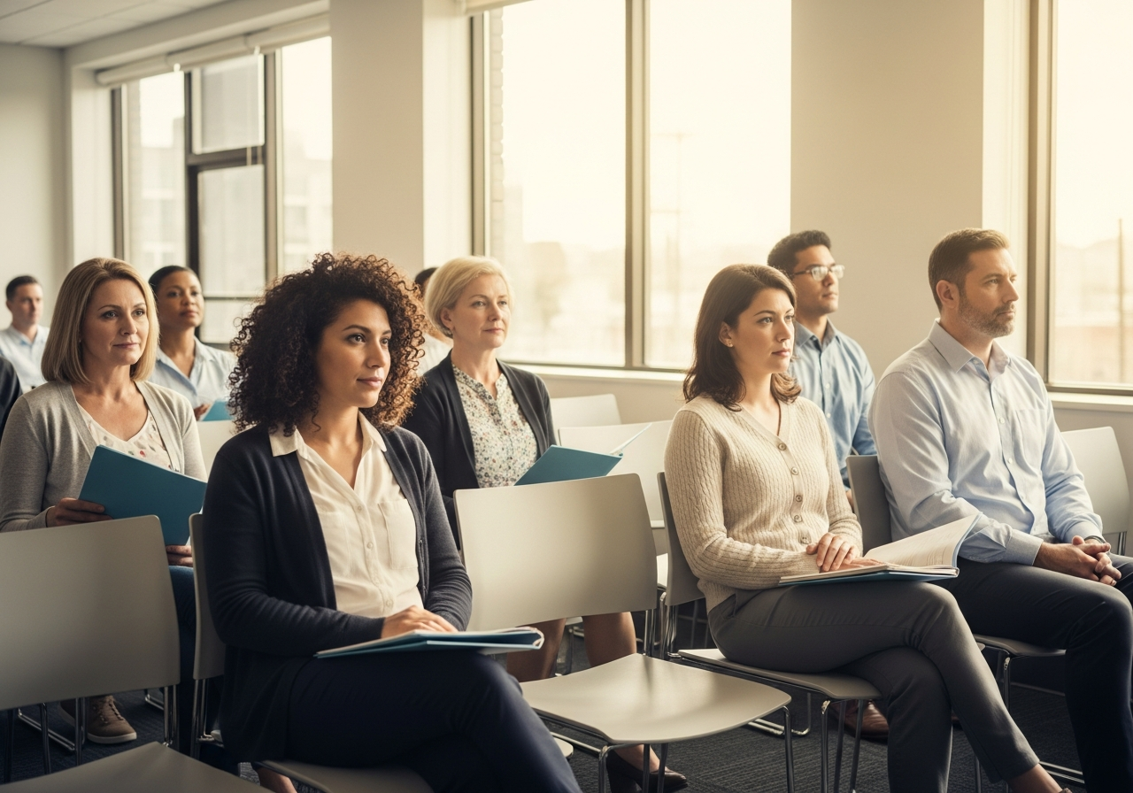 Diverse group of people waiting in a bright, modern government office lobby