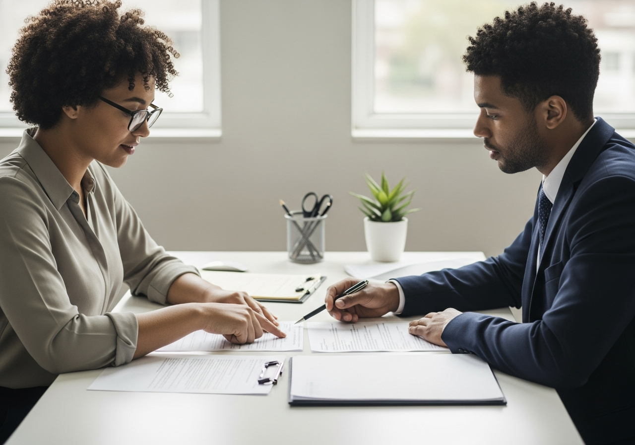 Professional consultation between two people across a desk with documents