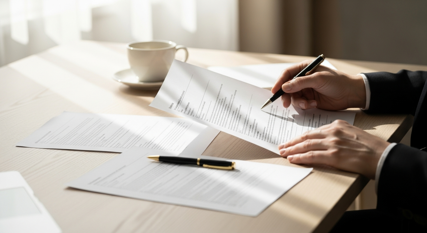 Person thoughtfully reviewing immigration documents at a desk with natural light