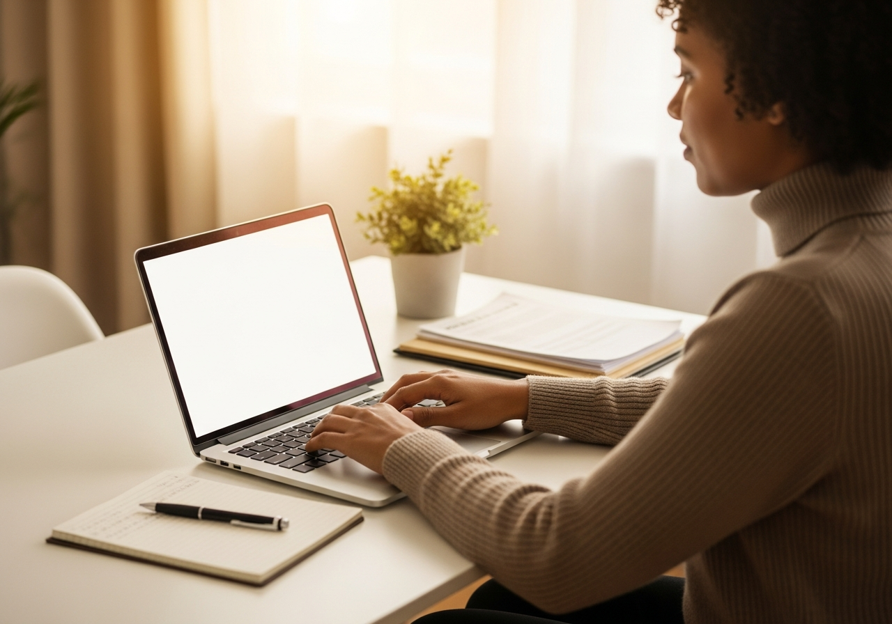 Person completing an online government form on a laptop in a bright home office