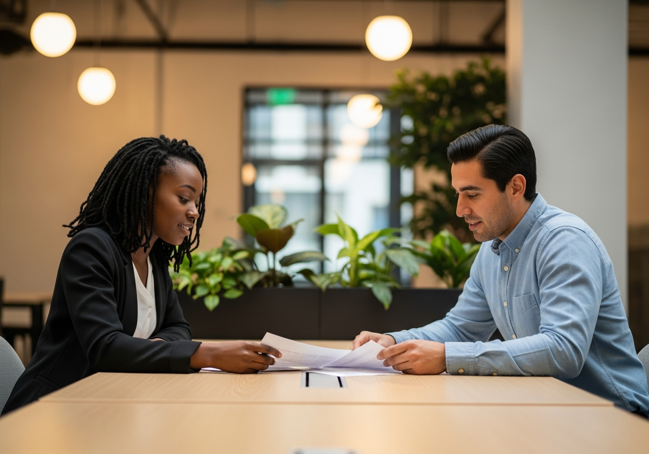 Two colleagues discussing employment documents at a collaborative workspace