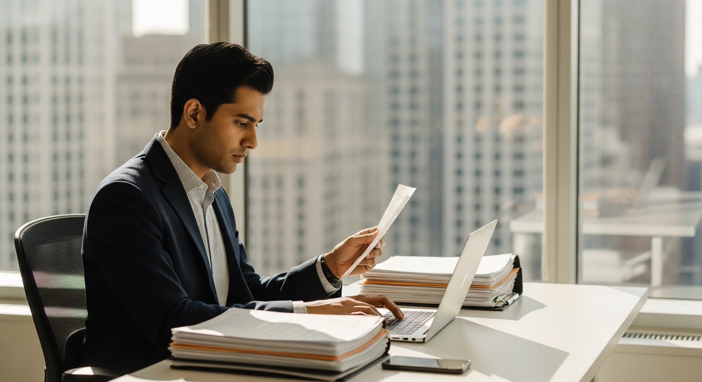 Professional reviewing documents at a modern office desk, preparing an H-1B employer petition