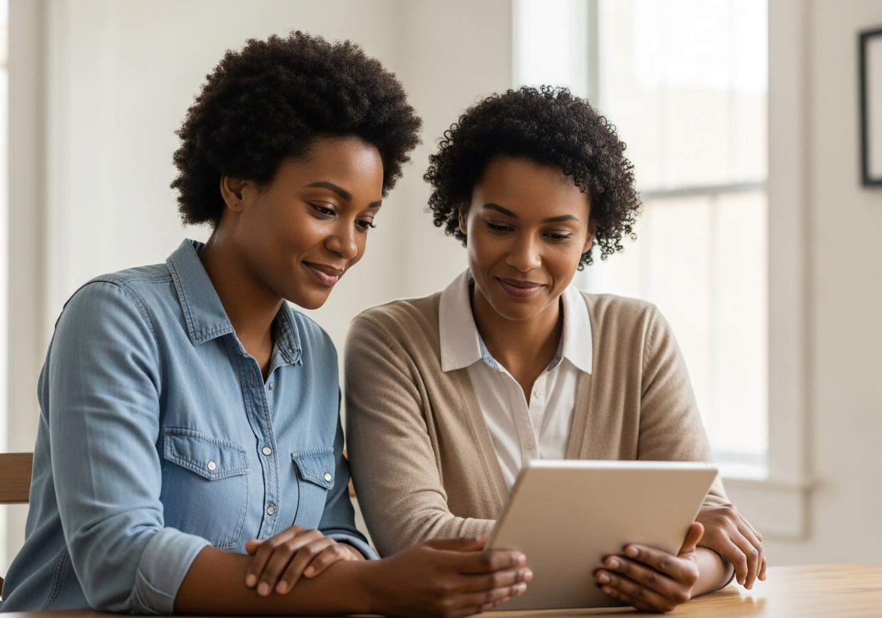 Diverse group of people looking at a shared tablet screen with a calm, hopeful expression
