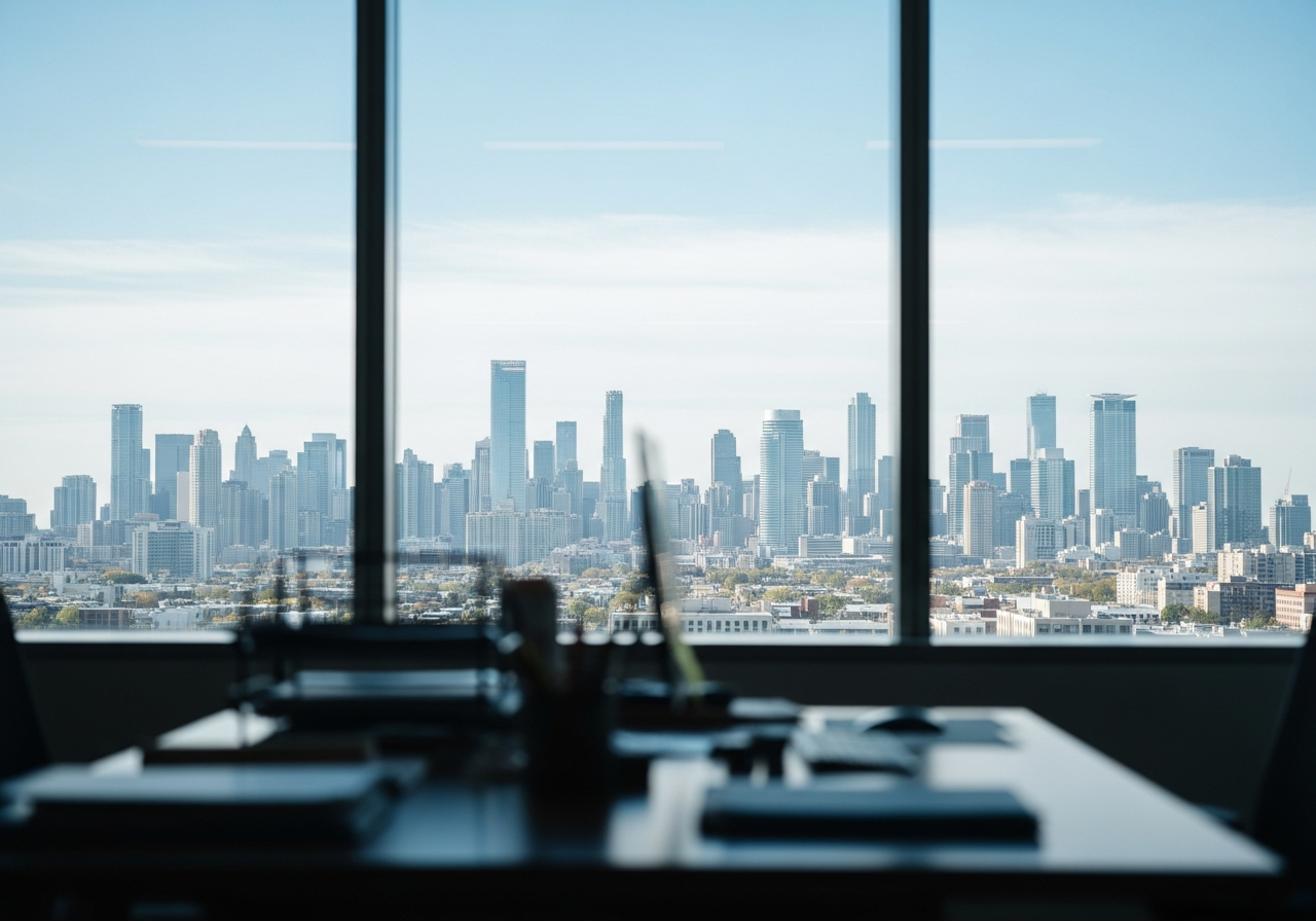 Chicago skyline viewed through a large office window on a clear day