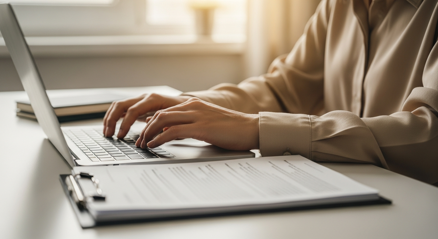 Person reviewing immigration documents on a laptop at a bright home desk