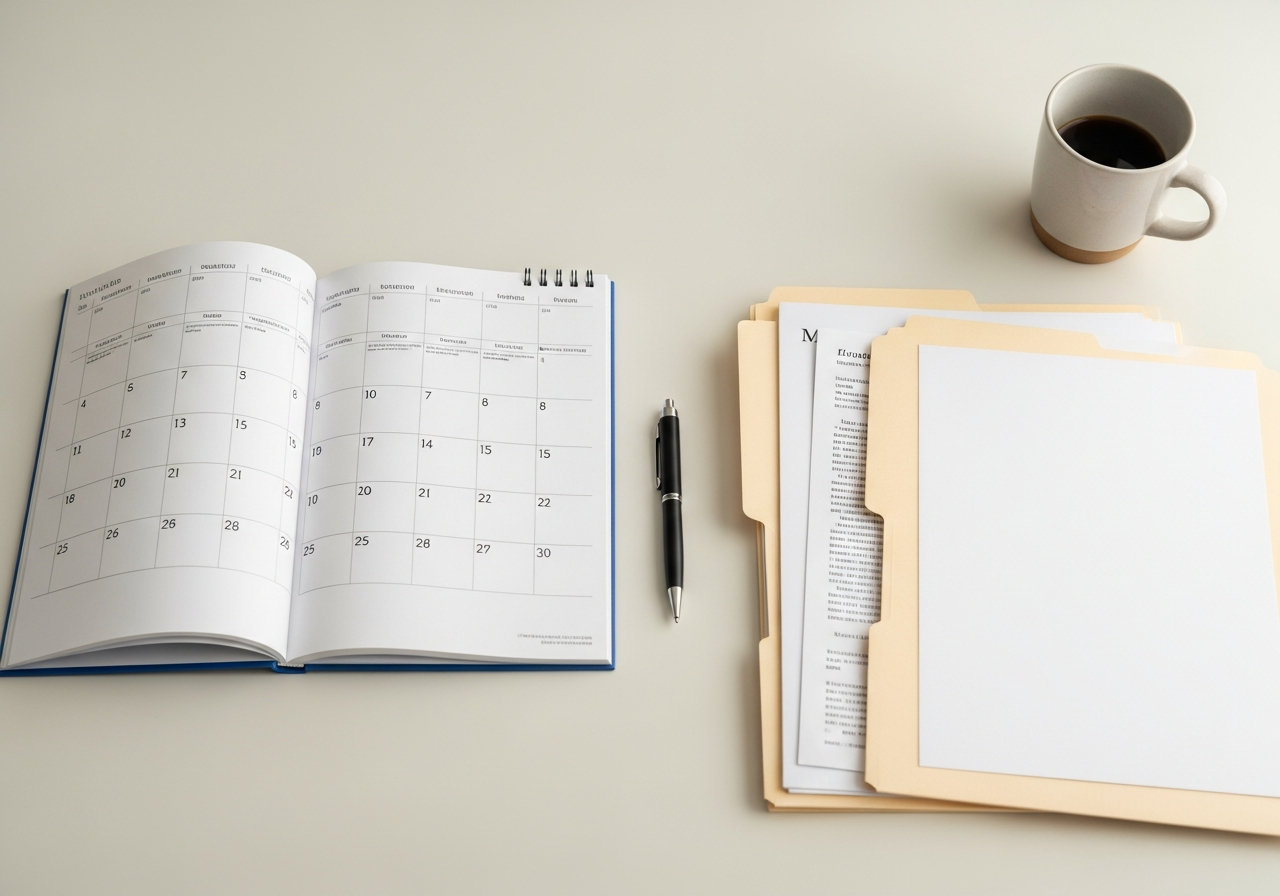 Open calendar and organized immigration documents on a clean desk beside a coffee cup