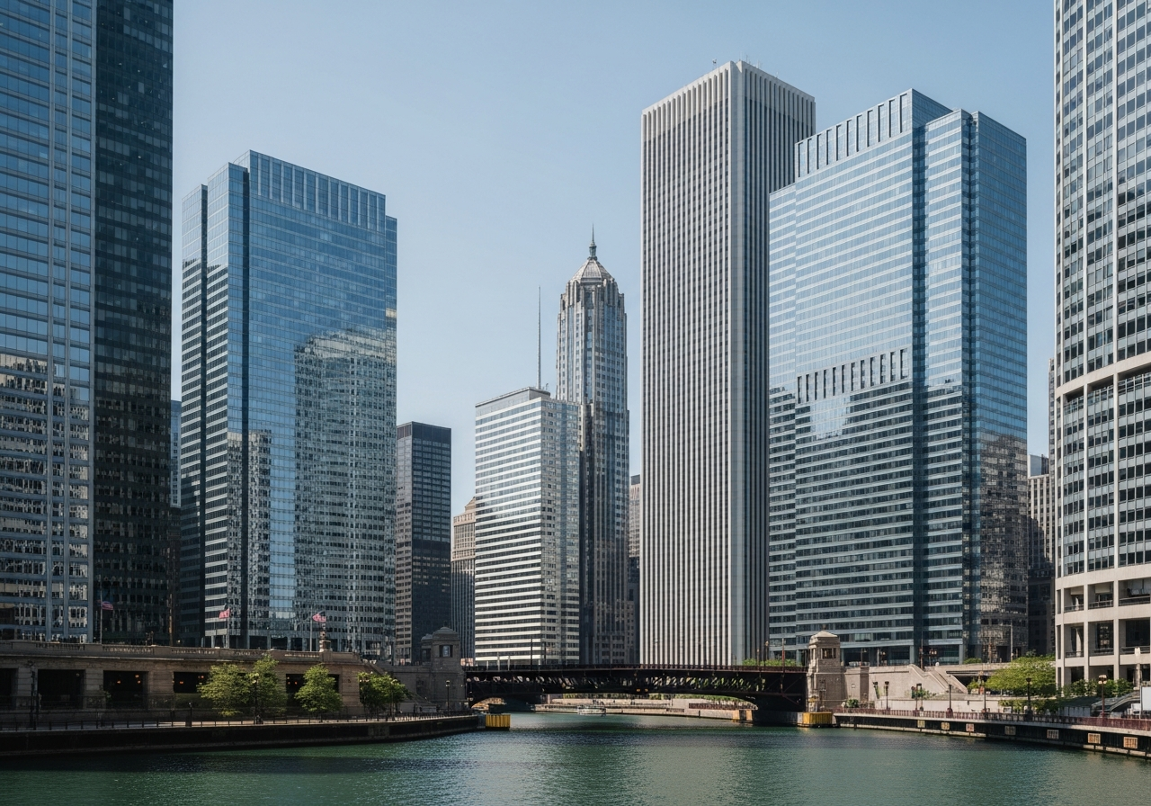 View of the Chicago skyline from across the river on a bright clear day, calm and professional
