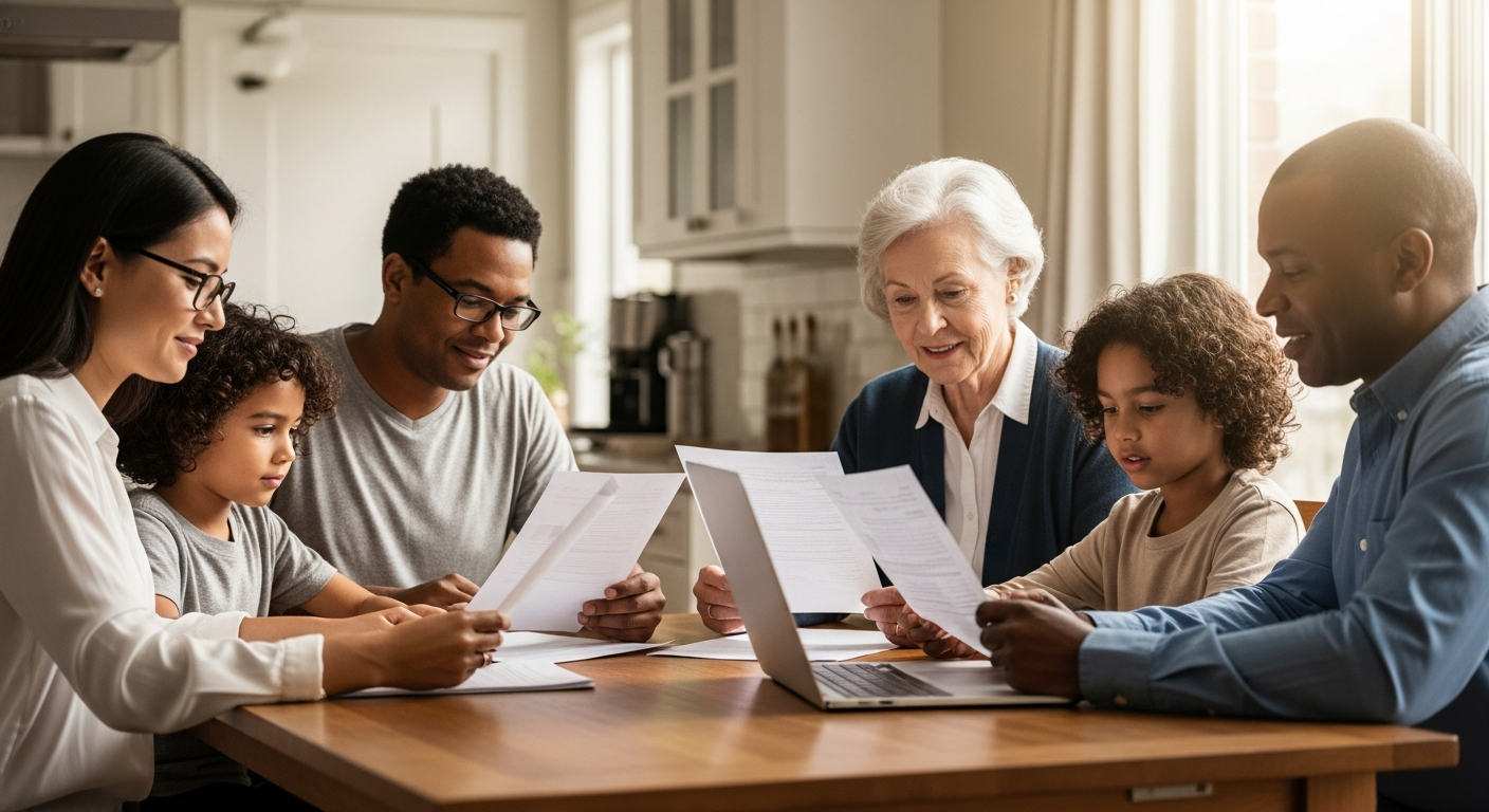 Diverse family members sitting together reviewing documents at a kitchen table, warm and hopeful atmosphere