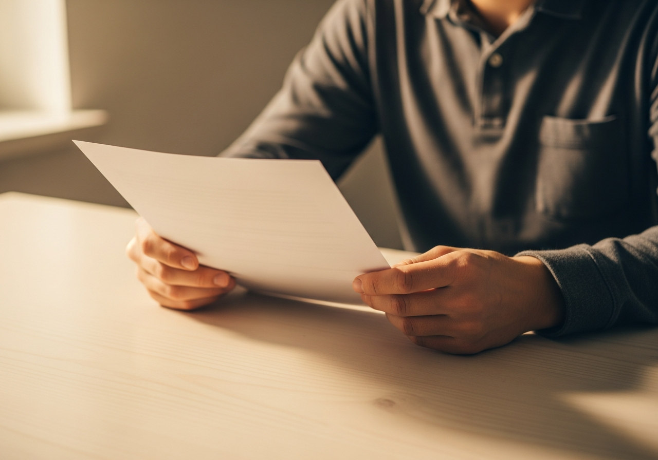 Person carefully reviewing an official document at a table, looking cautious and thoughtful