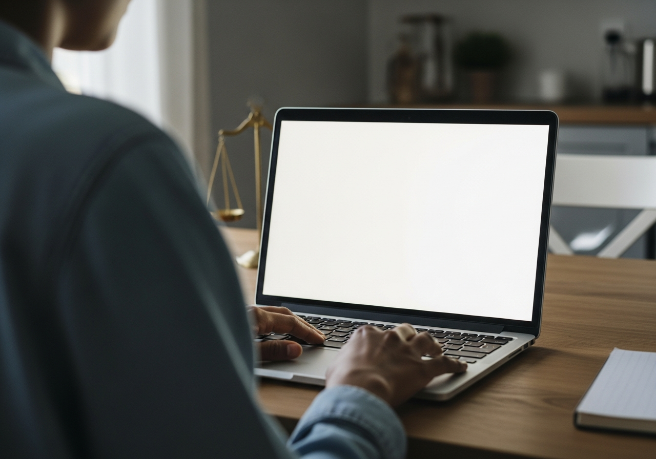 Person using a laptop to access official government resources at home, looking focused and confident