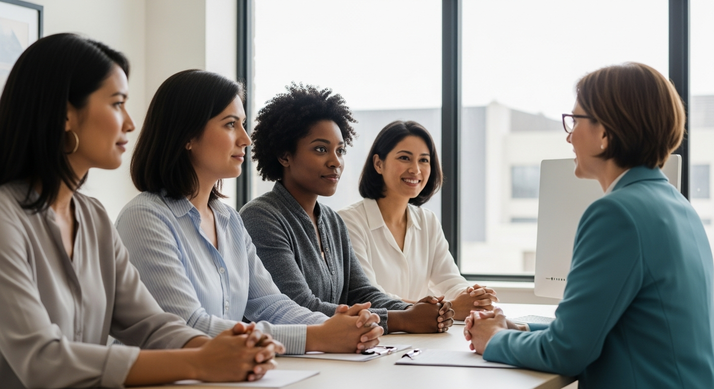 Diverse group of immigrants meeting with a legal aid counselor in a welcoming office setting